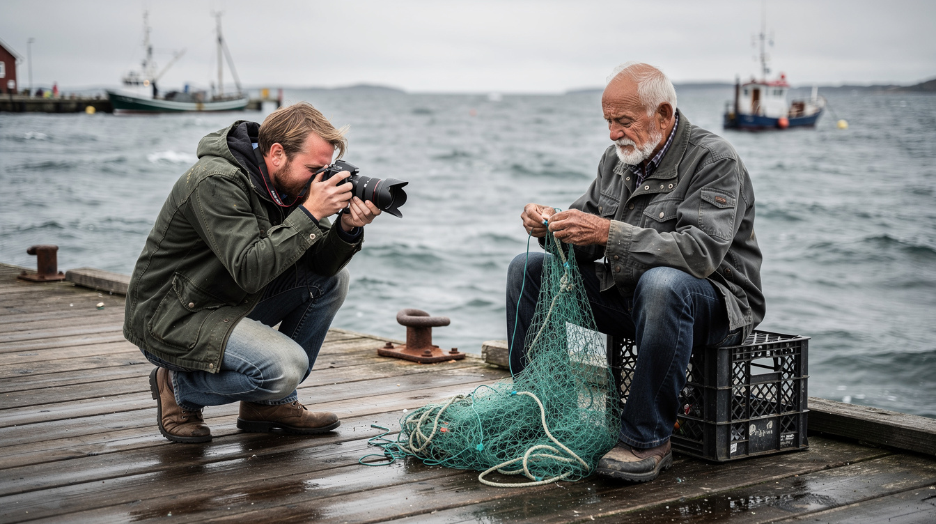 Documentary photographer photographing an elderly fisherman on the Danish coast