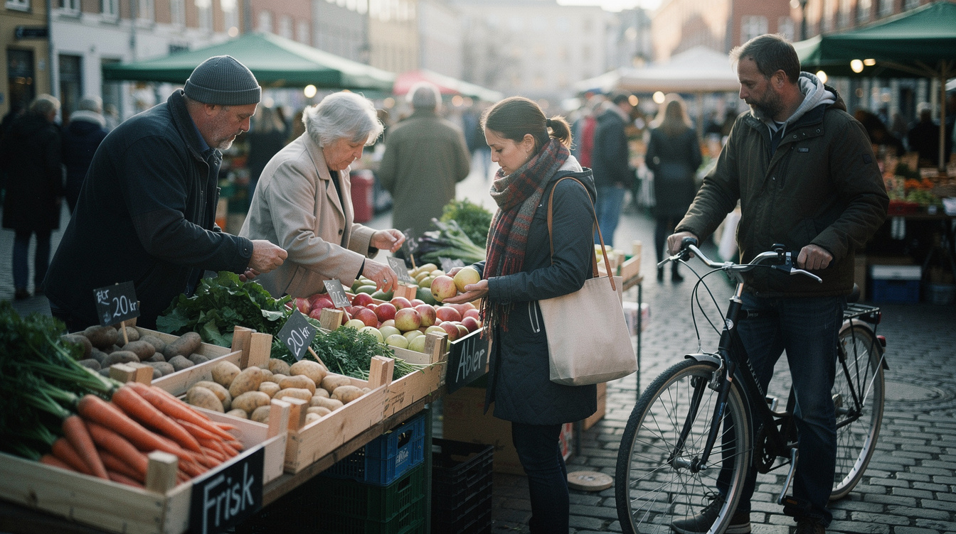 Vendors and customers at a local Danish street market